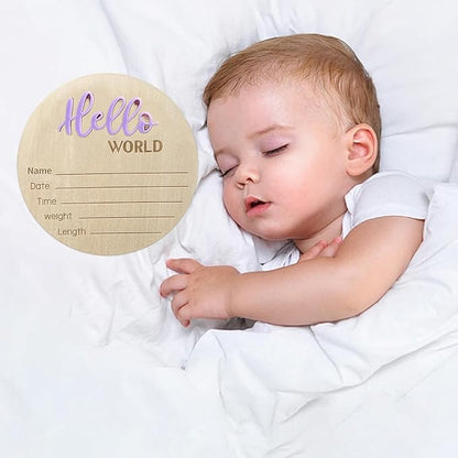 Baby Announcement Sign, 5.9 Inch Wooden Hello World Newborn Signs, Birth Announcement Sign, Baby Shower Hospital Nursery for Newborn Boys and Girls (Purple,Pen)