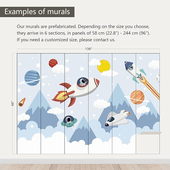 AFZEVEB-Space Mural Hand-Painted Cartoon Wallpaper for Kids Room 136"x96"(Not Peel and Stick)