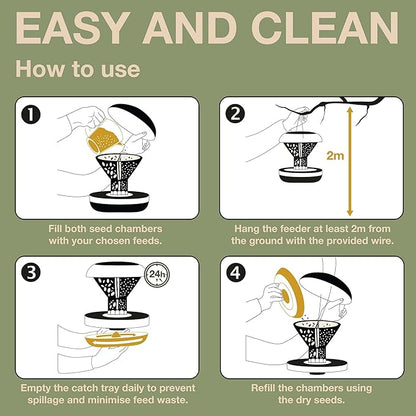 SWISSINNO Bird Feeders - No Mess Hanging Bird Feeder for Outdoors - Smart Birds Davos Spill Proof Wild Cardinal & Small Bird Feeder with Integrated Seed Catcher Tray - Dual Chamber - Sage