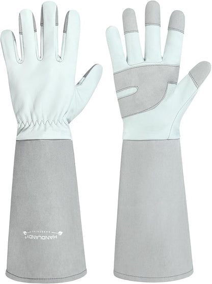 HANDLANDY Long Gardening Gloves for Men & Women, Thorn Proof Rose Pruning Gloves Leather Gauntlets Garden Glove Yard Work Glove (Silver Gray, Large)