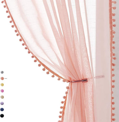 Treatmentex Pompom Sheer Curtains Blush Pink Window Draperies for Bedroom Rod Pocket Curtain Panels for Canopy Nursery Room 52" w x 2pc