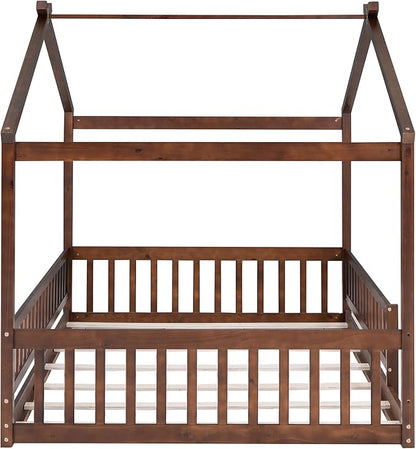 Merax Full Size Wooden House Bed with Fence, Wood Bed Frame with Roof and Safety Guardrail for Kids, Teens, Boys or Girls, Walnut