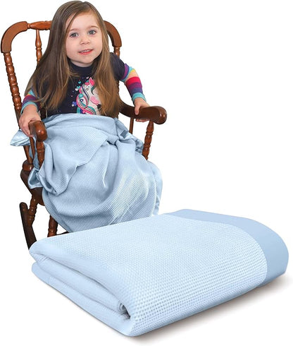 Blankets Thermal Waffle Baby Blanket Crib Bedding - Soft Cozy Warm Infant Thermal Cover for Nursery Stroller or Bassinet, Lightweight Ideal Shower Gift, Satin Trim Blue 36" x 50"