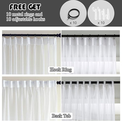 White Sheer Curtains 96 Inches Long 1 Panel, 50 Inch Width, Thin Textured Linen Look Sliding Glass Door Curtain, Rustic Elegant Window Treatments, Pinch Pleated Drapes for Living Room