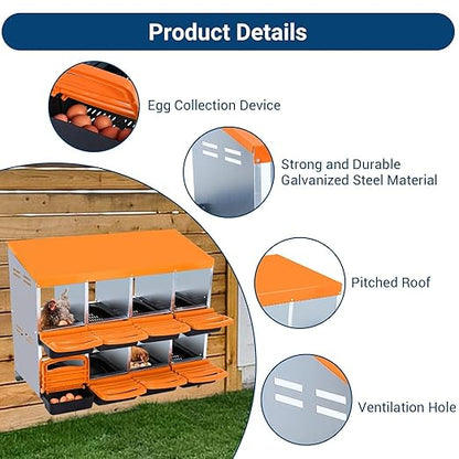 Chicken Nesting Boxes, 8 Hole Metal Chicken Laying Box with with Removable Trays and Roll Out Egg Collection for Chicken Coop, Orange