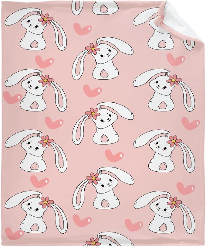 Thuswarm Cute Bunny Pink Flannel Throw Blanket Gifts Warm Cozy Soft Funny Print Blankets for Summer Room Decoration Bed Couch Sofa 50”×40” Small for Kid