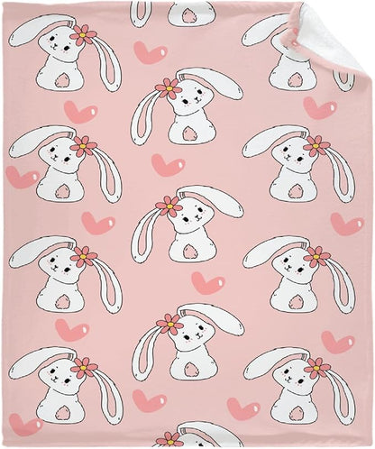 Thuswarm Cute Bunny Pink Flannel Throw Blanket Gifts Warm Cozy Soft Funny Print Blankets for Summer Room Decoration Bed Couch Sofa 50”×40” Small for Kid