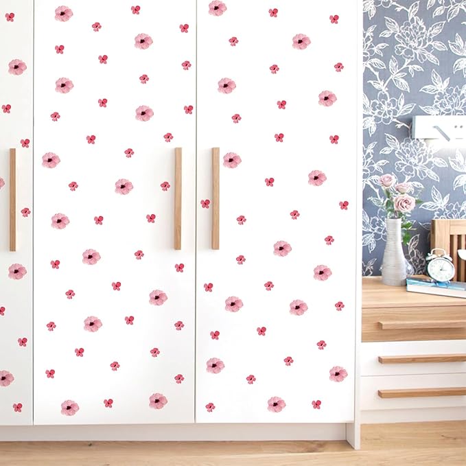 208Pcs Boho Flower Wall Stickers, Peel and Stick Pink Floral Wall Decals, Removable Neutral Watercolor Wildflower Blossom Window Clings for Girls Bedroom Living Room Offices Home Decoration