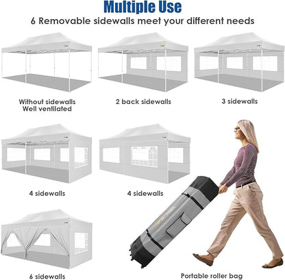 HOTEEL 10x20 Pop up Canopy Tent for Parties, Heavy Duty Easy Setup Tent with 6 Sidewalls, Outdoor Commercial Instant Gazebo for Wedding Event, with Roller Bag & Sand Bags, White(Hexagonal Frame)