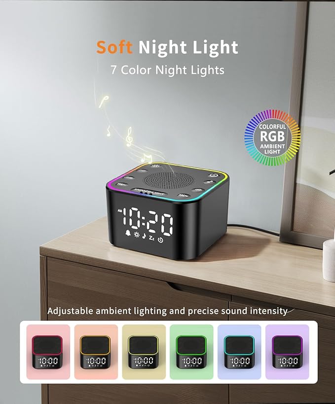 White Noise Sound Machine, Alarm Clock with Sound Machine for Sleeping, White Noise Machine with Digital Clock for Bedrooms, RGB Night Light, 30 Soothing Sounds for Baby Kids Adults
