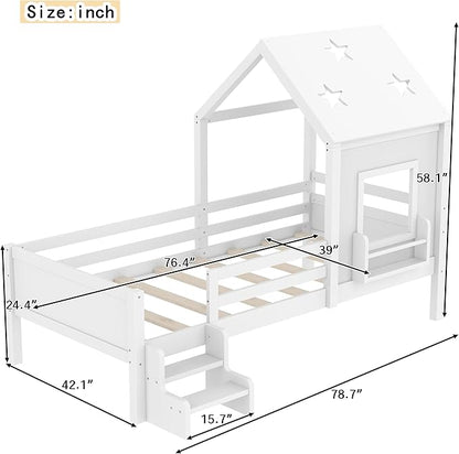 Bellemave Twin House Bed with Rails or guardrails and Bookcase, Wooden Twin House Shape Platform Bed for Boys, Girls, Teens, White