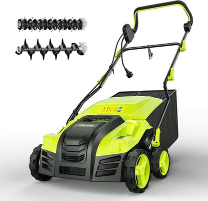16-Inch Electric Dethatcher and Scarifier, YERYORK 2-in-1 Scarifier and Lawn Dethatcher with Powerful 15.5 AMP Motor 14.5Gal Collection Bag 5-Position Depth Foldable Handle for Lawns(Dark Green)