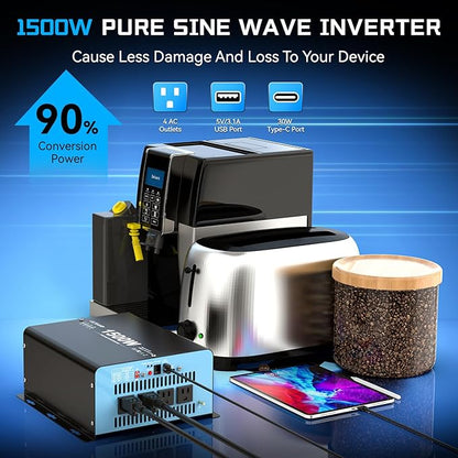 New Upgraded 1500 Watts Pure Sine Wave Inverter, 12V DC to 110V AC Power Inverter with 4 AC Outlets, USB Port, Type-C Port for Truck, Vehicle, Power Outage, Remote Control with LCD Screen