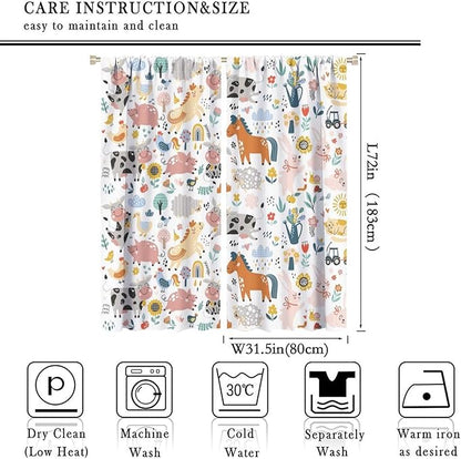 Farm Animal Curtains for Kids, Cartoon Cute Wild Animal Window Treatments Woodland Farmhouse Cow Horse Pig Window Drapes for Girls Boys Nursery Toddler Bedroom 63x72in