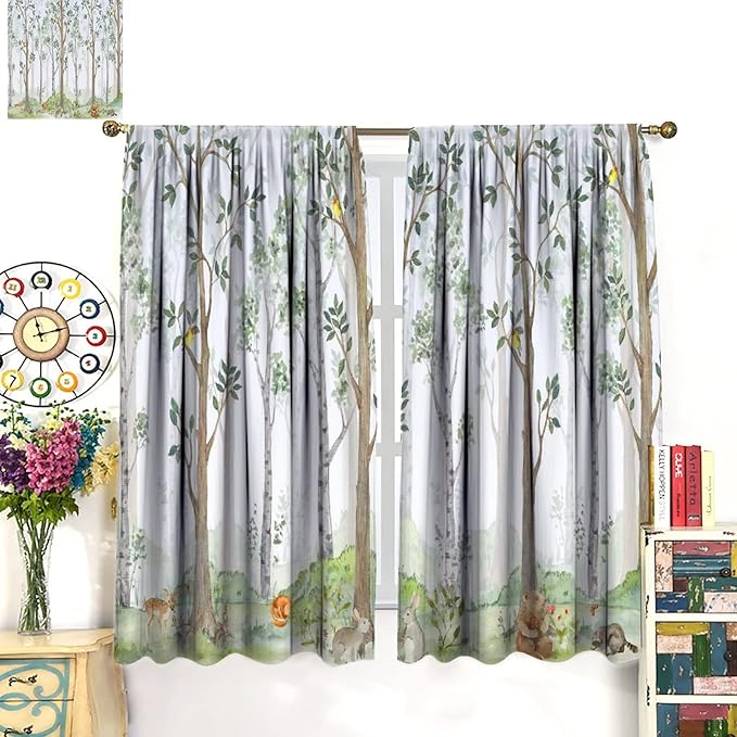 Kids Animal Curtains, Watercolor Natural Forest Animal Hedgehog Fox Butterfly Rabbits Forest Print Curtain Boys and Girl Bedrooms 72x63in
