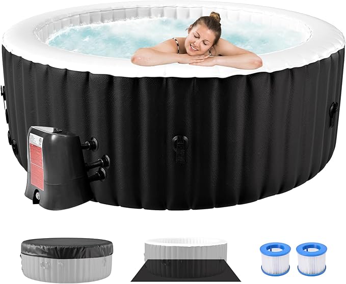 4-6 Person Inflatable Hot Tub, 264Gal Round Portable Blow up Hot Tub, Leak-Proof PVC Outdoor Spa with 130 Air Jets, Heater Pump and Insulated Cover, 82” X 82” X 25