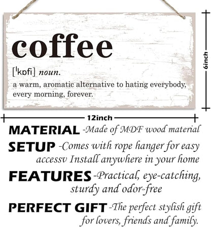 Coffee Definition Wooden Sign, Coffee Bar Sign Wall Decoration, Vintage Kitchen Decor, Wood Grain Retro Decor Signs, Cafe Decoration with Rope Hanging 12 x 6 Inches