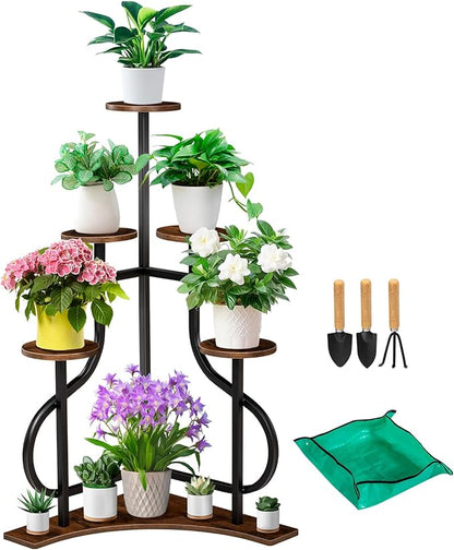 6-Tier Corner Plant Stand, Indoor Plant Stand with L-shaped Base, Aesthetic Metal Plants Shelf for Multiple Plants Flower Pot, MDF Outdoor Plant Holder for Patio Balcony (Rustic Brown)