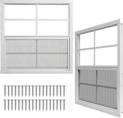 Yuzzy Shed Windows 2 Pack, Chicken Coop Windows 30" x 30" with Tempered Glass and Fiberglass Screen, Flush Mounted Small Window for Shed, Barns, Playhouse, Household, Garage (White)