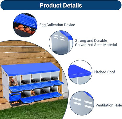 GarveeLife Chicken Nesting Box, 10 Compartments Nesting Boxes for Chickens, Chicken Laying Boxes, Roll Away Nesting Box for Chickens Laying Egg with Lid Cover to Protect Eggs, Blue