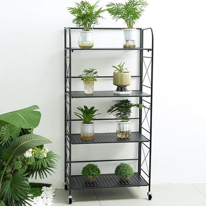 Foldable 5-Tier Metal Shelf with Wheels - Folding Bookshelf Unit for Living Room, Kitchen, Study 12.6" D x 23.6" W x 57.0" H, Matte Black