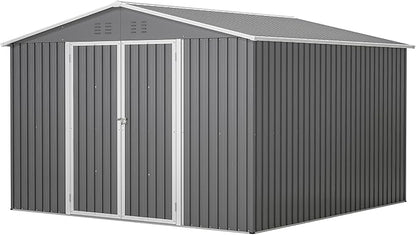 10x10 FT Outdoor Storage Shed, Large Metal Garden Shed with Lockable Hinged Doors, Outside Tool Shed with Sloped Roof & 4 Air Vents, Waterproof Storage Building for Backyard, Patio, Lawn, Gray