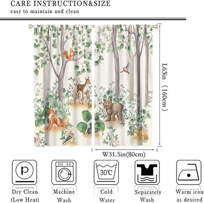 Forest Animal Curtains,Fox Elk Bird Animal Watercolor Woodland Print Curtains Kids Nursery Bedroom Living Room Home Decoration 63x63in
