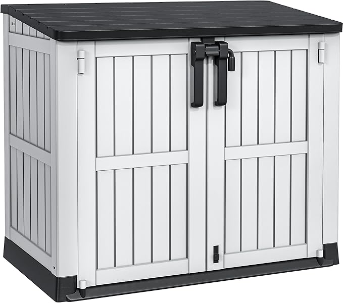 YITAHOME 36 cu ft Resin Outdoor Storage Shed, Weather-Resistant Horizontal Tool Shed, Waterproof Outdoor Storage with Lockable Doors & Air Vent for Trash Cans, Garden Tools (Light Gray)