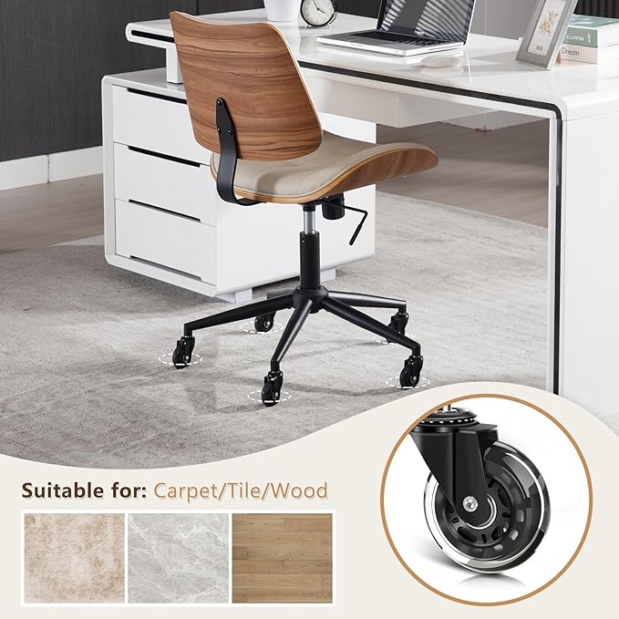 Home Office Desk Chair with Wheels, Adjustable Height Armless Office Chair, PU Leather Mid Back 360° Small Computer Chair, Modern Walnut Chair No Arms for Office, Reading Meeting Room(Beige)