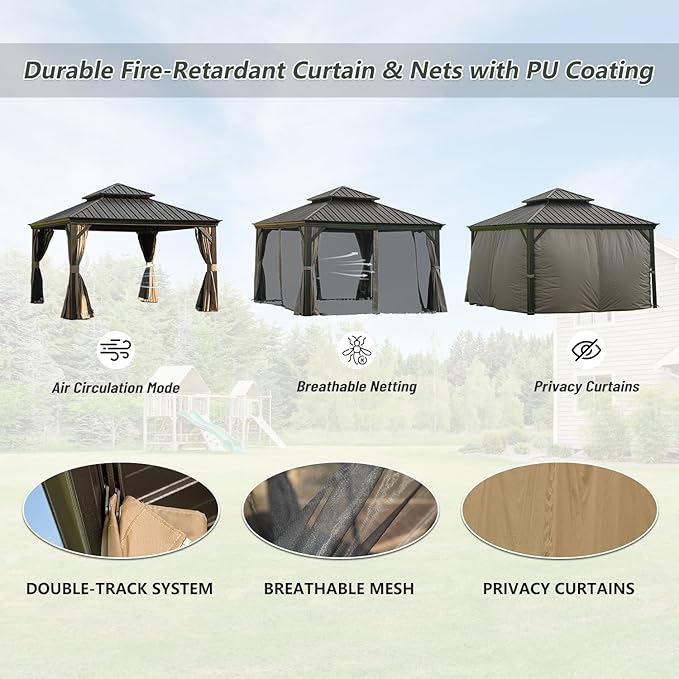 12' x 12' Hardtop Gazebo Outdoor Aluminum Gazebos Grill with Galvanized Steel Double Canopy for Patios Deck Backyard,Curtains&Netting by domi outdoor living