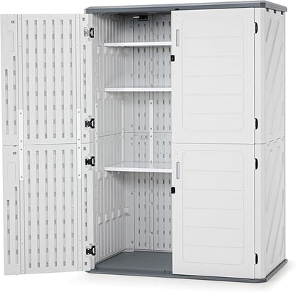 Macrout 50 Cu.Ft Plastic Outdoor Storage Cabinet with Shelves, 4.3 x 2.5 ft Waterproof Resin Outdoor Storage Shed with Floor, Lockable Vertical Shed for Garden and Patio