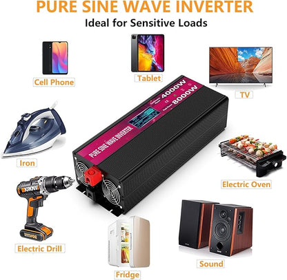 Pure Sine Wave Power Inverters 4000W 12V DC to AC 110V 120V Peak 8000W with Remote Control 4 Outlets,Dual USB Port,LED Display Terminal Blocks for Inverter Truck RV Car Solar System