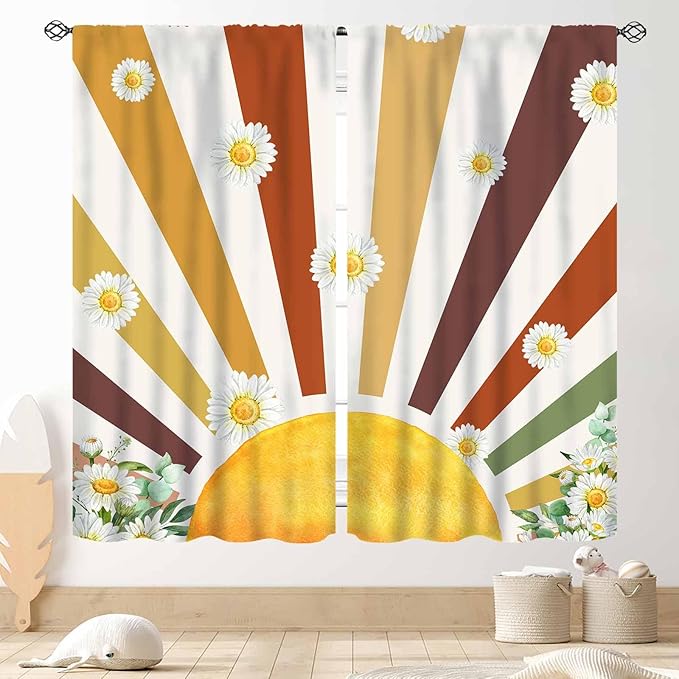 Boho Rainbow Curtains, Watercolor Bohemian Modern Abstract Daisy Floral Abstract Aesthetic Rainbow Blackout Window Treatments for Kids Girls Baby Bedroom Living Room Bathroom 2 Panels, 84"x63" Inch