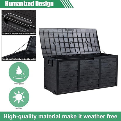 VINGLI 75 Gallon Resin Outdoor Deck Box, 75 Gallon Patio Storage Box with Side Handles, Lockable Storage Containers for Patio Furniture Cushions, Pool Accessories, Garden Tools, Full Black