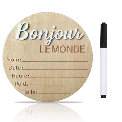 Baby Announcement Sign, 5.9 Inch Wooden Hello World Newborn Signs, "Bonjour Le Monde" Decoration, Birth Announcement Sign, Welcome Newborn Arrival to World, Hospital Nursery for baby