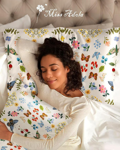 Silk Pillowcase 2 Pack - Pillow Cases 20" x 36" King Size Set of 2 for Hair and Skin Smooth Soft Breathable with Hidden Zipper Cooling Pillow Covers for Sleeping, Butterfly Leaf