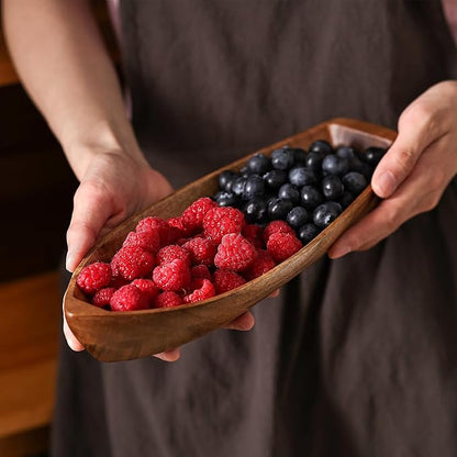 Lucky Boat Serving Tray, Acacia Solid Wood Boat Shape Plate for Serving Desserts, Fruit, Snack and Seafood or House Ornament,Key Tray,Functional and Storage Decorative Bowl。 (S)