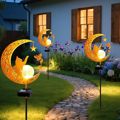 YJFWAL Garden Solar Cat Lights Pathway Stake Lights Glass Globe with Moon Cat Decor, Gifts for Mom Grandma Friends, Outdoor Decor Light Waterproof for Walkway, Yard, Patio or Garden (Warm White)