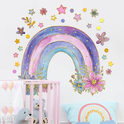 Colorful Rainbow Wall Stickers for Girls Room Watercolor Boho Rainbow Wall Decals & Murals Peel and Stick Floral Decor for Kids Room Nursery Bedroom (Purple)