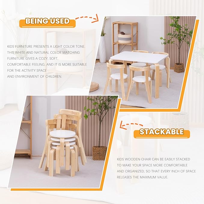 Swegrow Wooden Kids Chair, Toddler Chair for Table, Kids Stackable Chairs, Kid Wooden Furniture for Family/Playroom/Classroom（Set of 4-White）