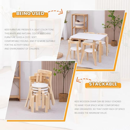 Swegrow Wooden Kids Chair, Toddler Chair for Table, Kids Stackable Chairs, Kid Wooden Furniture for Family/Playroom/Classroom（Set of 4-White）