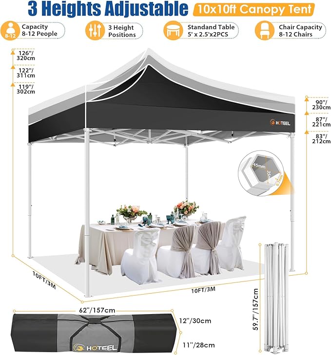 HOTEEL 10x10 Pop up Canopy Tent for Parties, Heavy Duty Easy Setup Tent with 4 Sidewalls, Outdoor Commercial Instant Gazebo for Wedding Event, with Portable Bag & Sand Bags, Black(Hexagonal Frame)