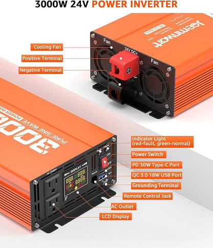 3000W Pure Sine Wave Power Inverter 24V DC to 110V AC Converter, LED Display,Remote Control, Car Inverter with 2AC Outlets,Fast Charging USB Port for RV,Truck,Home