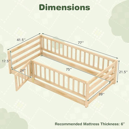 KOMFOTT Twin Size Wood Floor Bed with Door & 21.5” Fence, Montessori Bed Frame with Full Length Safety Guardrails, Door & Latch, Wooden Montessori Floor Bed for Kids, Girls, Boys