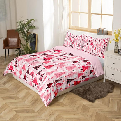 Manfei Cartoon Tree Duvet Cover Set King Size, Christmas Theme Bedding Set 3pcs for Kids Girls Adults, New Year Pink Plaid Comforter Cover Soft Polyester Quilt Cover with 2 Pillowcases,No Comforter