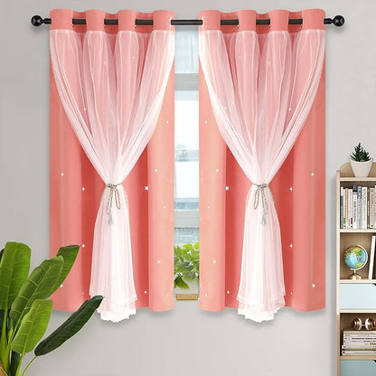 Kinryb Princess Curtains for Girls Bedroom with Sheer Overlay,Double Layer Curtain for Living Room with Star Cutout, Curtains for Kids Room (52 W*63 L Inches,2 Pcs Coral)