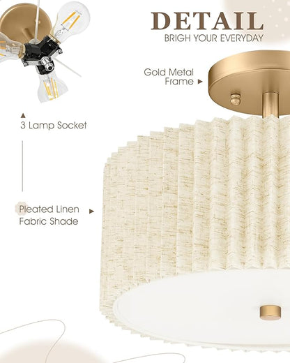 Gold Semi Flush Mount Ceiling Lights, 3-Light 12.5" Light Fixtures Ceiling Mount