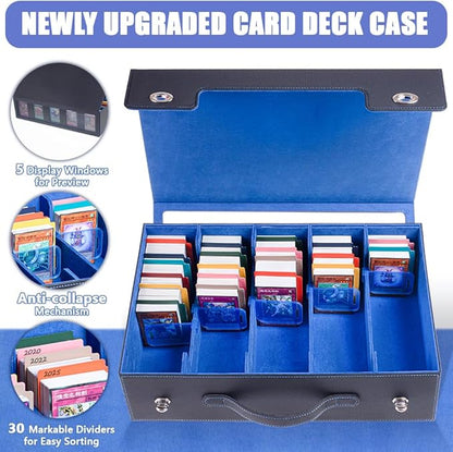 5-Row 3900+ Trading Card Storage Box for MTG, Card Deck Box with Snap-fit Design, 5 Card Sleeves, 10 Stoppers, 80 Dividers and 1 Dice Tray (Black-Blue)