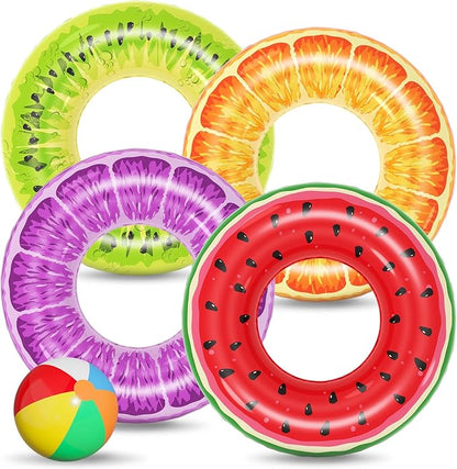 Jasonwell Inflatable Pool Toys Floats for Swimming Pool Party Lake Beach Kids Adults - 4 Pack Floaties Pool Tubes Swim Rings Fruit Water Floaty Watermelon Kiwi Orange Grape