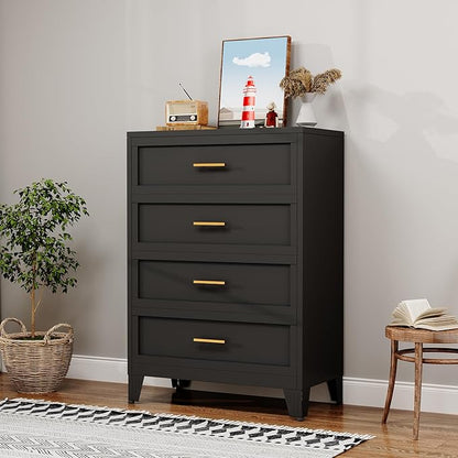 43.11" Tall Metal Dresser for Bedroom, 4 Drawer Black Dresser Chest with Gold Handles, Closet Dressers Chests with Fluted Panel, Vertical Storage Cabinet for Living Room, Entryway, Hallway